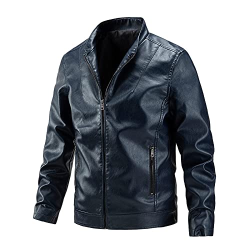 Chaqueta Cuero Hombres - Chaqueta De Motociclista Azul Con Cremallera Chaqueta De Motocicleta Suave Con Bolsillos - Cuello De Pie Casual Slim Fit Blazer Coat Uso Diario Chaqueta De Motociclista Mascu Cover