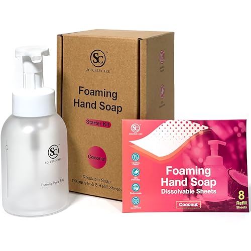 Soluble Care: Foaming Hand Soap Dissolvable Sheet Starter Kit | Includes 8 oz. Foaming Dispenser & 4 Full Bottle Refills – Sustainable, Earth-Friendly Cleaning Solution – Coconut Scent