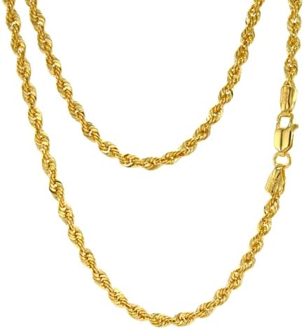 JEWELHEART 14K Real Gold Rope Chain Necklace - 2.6mm Diamond Cut Twist Link Chain - Dainty Gold Pendant Necklace For Men and Women 16"