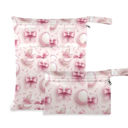 Coikll Wet Dry Bags for Cloth Diaper 2 Pack Waterproof Yoga Gym Bag for Swimsuit Wet Clothes Baby Items-?Pink Ribbon Baseball?4??