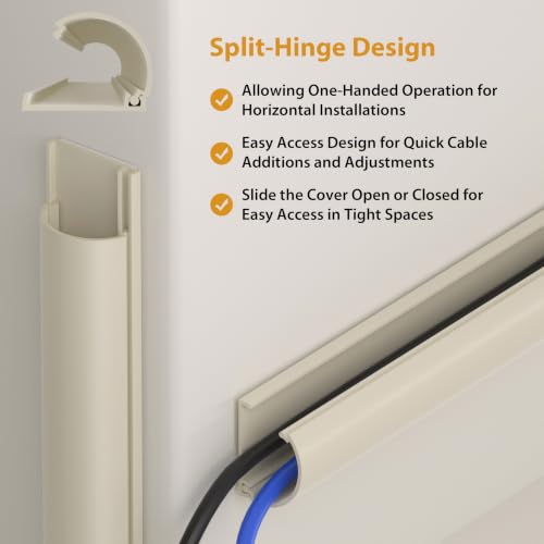Image of ZhiYo 34in Cord Hider for 2-4 Wall-Mounted TV Wires, 1.4 inch W x 0.7 inch H, Beige | Split-Hinge Design for Easy Installation, Half-Round Glazed Finish Ideal for Wall /Baseboard, Self-Adhesive, 2 Pack (17 inch Each)