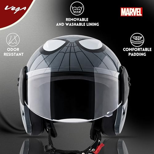 Image of Vega Buds Junior Marvel Spiderman Graphic Open Face Helmet for Kids - Lightweight Design, Superior Comfort & Safety, Stylish Black Grey - XS