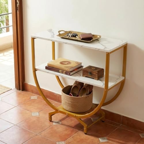 Image of Modern Console Table for Entryway, White Marble Finish Top with Gold Metal Frame | Narrow Console Table with Storage Shelf | Wooden MDF Console Tables for Living Room, Bedroom & Home Decor | DIY