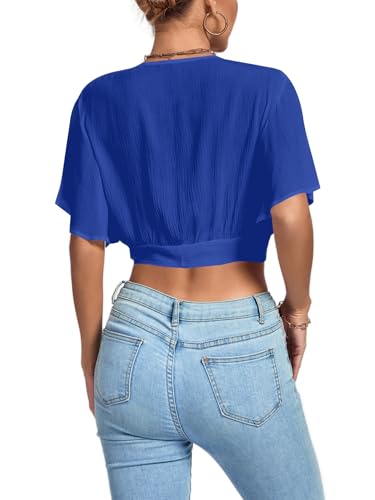 Image of LYANER Women's Sexy Deep V Neck Tie Front Wrap Cropped Blouse Bell Short Sleeve Ruffle Crop Tops
