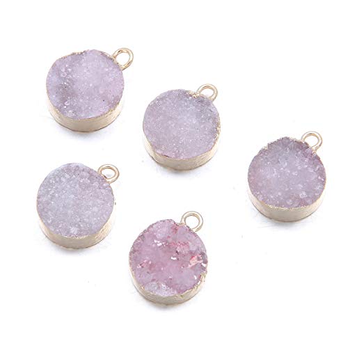 5Pcs Natural Round Druzy Agate Stone Pendant Links Healing Chakra Gemstone Charms Pendants 13X7Mm For Jewelry Making Hole: 2Mm (Random Mixed Colors) #TOP4