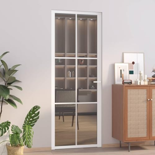 Image of mzdioop Interior Door 76 x 201.5 cm White with Tempered Glass and Aluminium Frame, Door Leaf 3.5 cm Thick, with Vertical Decorative Line, Includes Mounting Accessories for Hallway, Home and Renovation