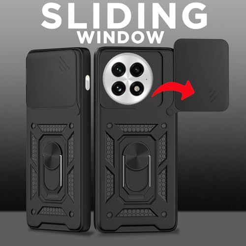 Image of Pikkme Back Cover for OnePlus 13 5G | 360 Protection Case | Sliding Camera Shield Cover & Ring Holder Stand D10 Tough Armor Bumper Case (Black)