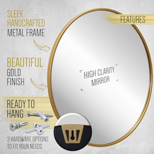 Image of The Arts Box Round Decorative Wall Mirror | Metal Finish Frame with Timeless Design for Bathroom, Living Room, Bedroom, Vanity Mirror (Gold 22 Inch)