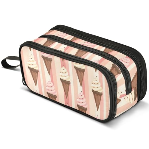 Image of ALAZA Striped Pink Ice Cream Large Pencil Case, Pen Pouch Pencil Bag with 3 Compartments Pen Holder Organizer Stationery Bag