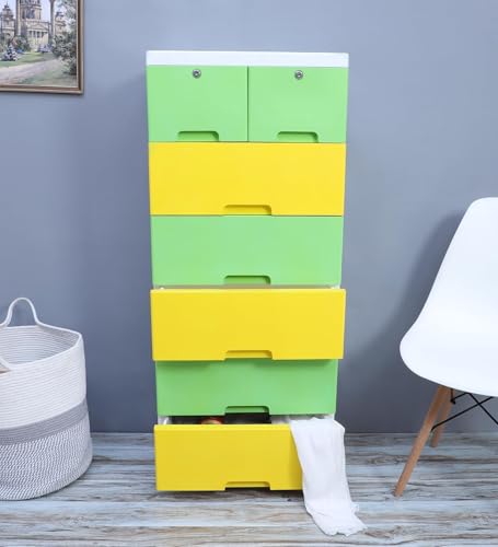 Image of The Tickle Toe 7-Drawer Plastic Chest for Kids | Child-Safe Storage Cabinet with Locks | Organizer for Clothes & Toys | 51L x 33W x 121H cm (Yellow Green)
