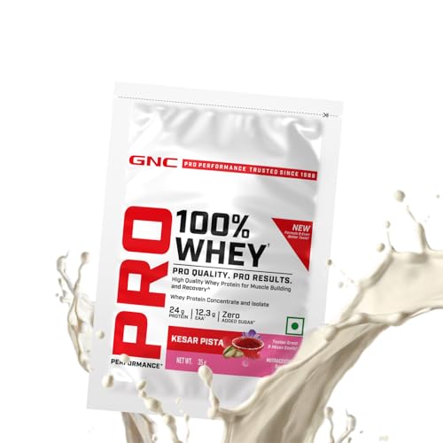 Image of GNC Pro Performance 100% Whey Protein | New Formulation | 24g Protein, 5.7g BCAAs, 12.3g EAAs | Added DigeZyme | Whey Isolate & Concentrate Blend, Low Carb (4.51g), No Added Sugar | Kesar Pista, 35g