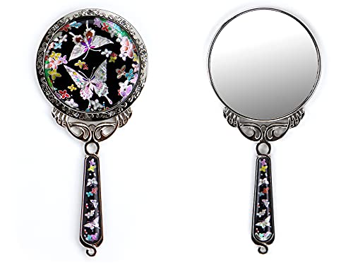 Hand Held Mirror With Beautiful Korean Pouch–150X70X5Mm Rose Vintage Mirror For Traveling, Makeup, Vanity–Natural Eco-Friendly Mother Of Pearl Coating–Rustproof Iron Table Mirror (Flower Butterfly) #TOP5