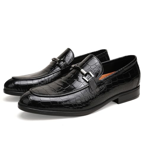 Image of Mens Leather Penny Loafers, Classic Crocodile Printed Business Dress Shoes with Metal Buckle Slip on Penny Shoes for Mens