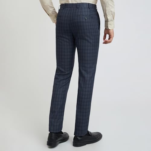 Image of Raymond Men's Slim Fit Mid Rise Checks Pattern Poly Viscose Blend Pleatless Formal Trouser