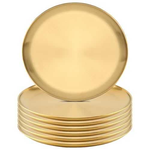MOUYAT 6 PCS 8 Inch Small Stainless Steel Plate, 20cm Round Dinner Metal Plates, Metal Salad Steak Plates Reusable Dinner Dish for Eating Serving Camping Outdoor BBQ Home Kitchen, Frosted Gold