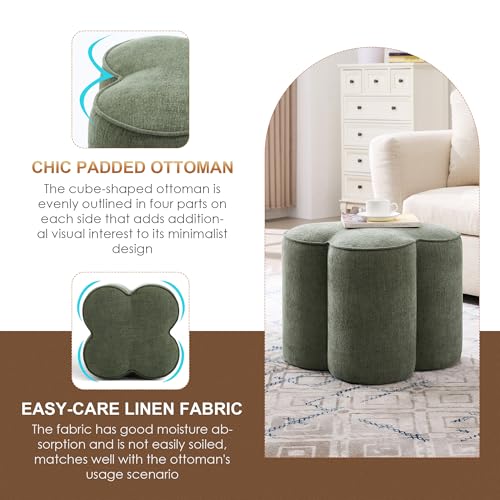 Image of Zesthouse Flower Pouf Ottoman Foot Rest Set of 2, Linen Fabric Poofy Ottoman Footstool for Couch, Modern Living Room Stool for Under Entry Table, Cute Square Vanity Stool for Bedroom Dorm, Green