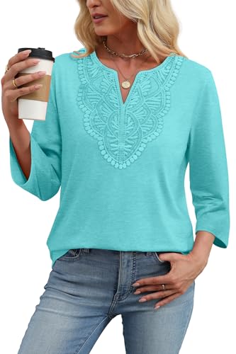 Image of WIHOLL 3 /4 Length Sleeve Womens Tops Boho V Neck Lace Shirt Trendy Blouses Dressy Casual Vacation Clothes S-3XL