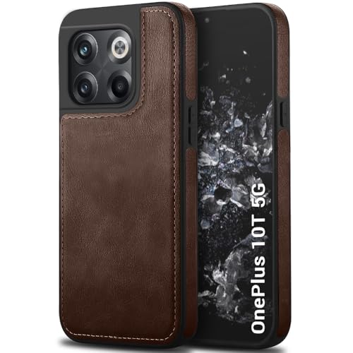 Image of TheGiftKart Genuine Leather Finish Back Cover Case for OnePlus 10T | Shockproof Design | Raised Edges for Camera & Screen Protection | Stunning Minimalist Design Case Cover (Faux Leather & PC, Brown)