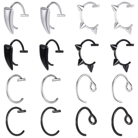 Alrhso 16 Pcs Fake Lip Ring Fake Snake Bite Non-Piercing Lip Cuff Ear Cuff Stainless Steel Vampire Teeth Ring Septum Nose Piercing Set for Women Men (Black Silver) Cover