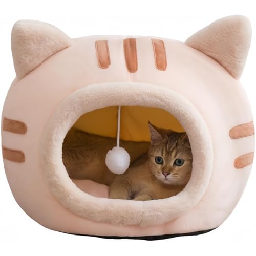 Uevmo 猫ベッド 冬用 猫ハウス ペット用寝袋 ドーム型 猫ハウス 小型犬 猫用 暖かい ふわふわ 折りたたみ 寝袋 マットレス マット 断熱 防寒 猫 犬 小動物 室内 厚手 冬 防寒 かわいい (ピンク,S)