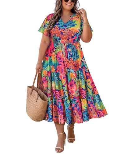Image of TIYOMI Women Plus Size Dress Boho V Neck Short Sleeve Beach Maxi Dresses Floral /Stripe /Leaves /Lemon XL-5XL