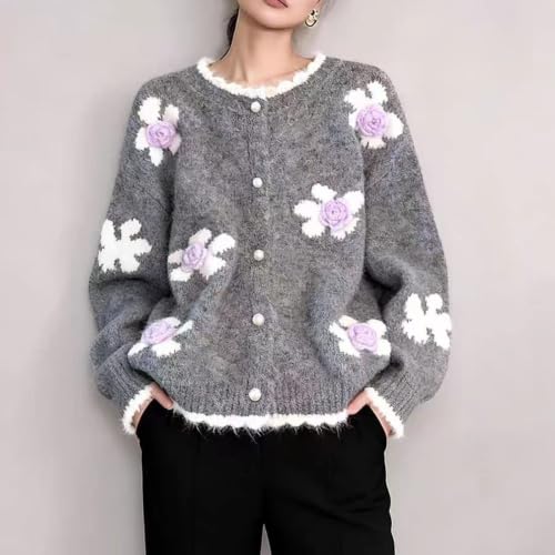 Image of FindThy Women's Kawaii 3D Floral Cardigan Long Sleeve Crewneck Knit Cardigan Sweaters