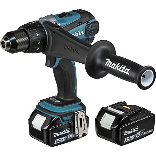 Makita Akku-Bohrschrauber, (18 V/5,0 Ah, 2 Akkus und Ladegerät im Makpac), DDF458RTJ Schwarz, Blau