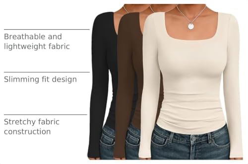 Ekouaer Womens 3 Pack Long Sleeve Shirts Square Neck Tops Fitted Undershirt - image 4