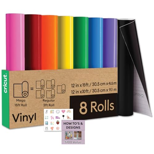 Cricut Vinyl Variety Pack Bulk Bundle - 8 Rainbow Multicolor Craft Adhesive Vinyl Rolls for Decals Labels Signs Classrooms & DIY Projects 12 in x15 ft Premium Vinyl Rolls