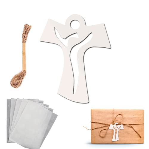 60 Pz Croce Legno Tao Bianca per Decorazioni Bomboniere Prima Comunione Battesimo Cresima Matrimonio 12 Mt Corda di Lino Biadesivo - Decorazione Addobbi Sacchetti Scatoline Portaconfetti Bomboniere