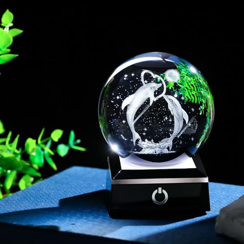 Image of 3D Crystal Ball Dolphin Gifts for Women Men Adults Snow Globe Ornament with LED Base Night Light, Laser Etched Unique Dolphins Figurine Desk Decor Gifts for Couples Nature Lovers