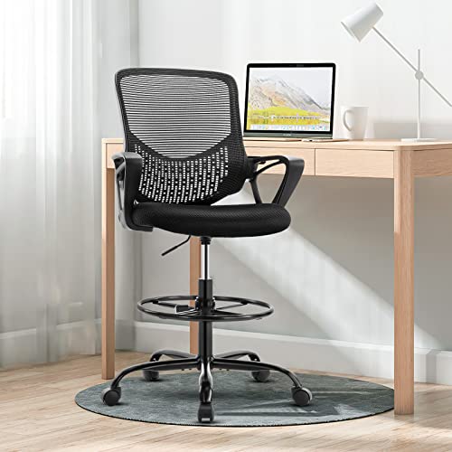 Drafting Chair, Ergonomic Tall Office Chair, Mid Back Mesh Standing Desk Chair With Adjustable Foot Ring And Armrest, Swivel Rolling Counter Height High Work Stool, Black #TOP6