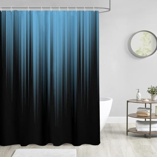 Image of AAtter Blue and Black Shower Curtain, Modern Ombre, 60x72 Inch, 12 Hooks | Abstract Striped Polyester Fabric, Dark Trendy Masculine Style, Cool Anime Design, Gradient Bathroom Decor for Men