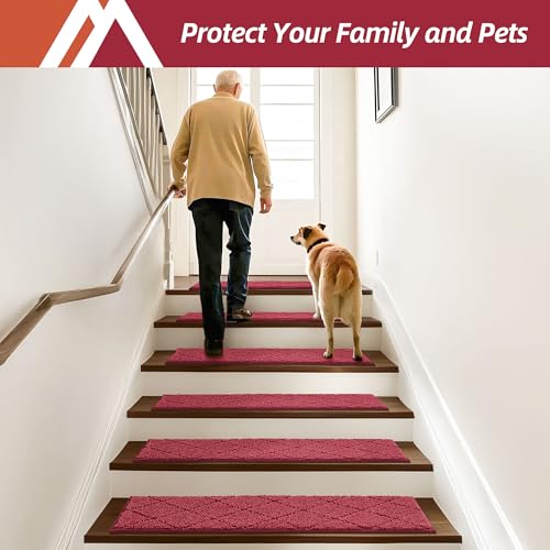 Image of COSY HOMEER Edging Stair Treads Non-Slip Carpet Mat 28inX9in Indoor Stair Runners for Wooden Steps, Edging Stair Rugs for Kids and Dogs, 100% Polyester TPE Backing (4pc, Red)