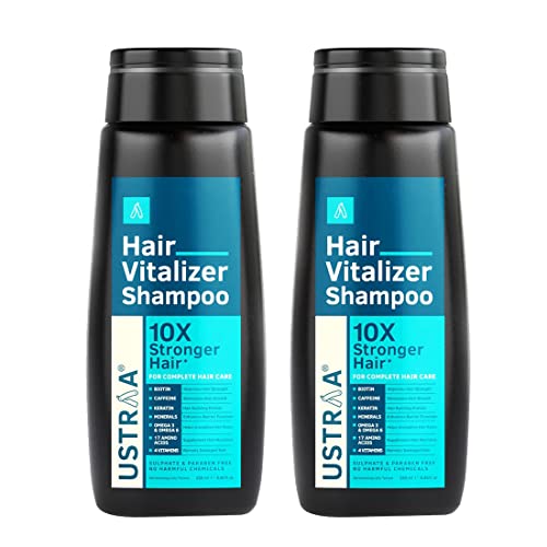 Image of Ustraa Hair Vitalizer Shampoo - 2 x 250ml - Dermatologically Tested, With Biotin, Caffeine, Omega 3 & Omega 6, 10x Stronger Hair, Helps in Hair Growth, Reduces Hairfall (Pack of 2)