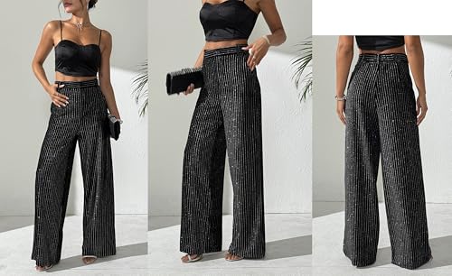 heipeiwa Women's Rhinestone Stripes Velvet Palazzo Pants High Waist Wide Leg Sparkle Shiny Sequin Trouser4