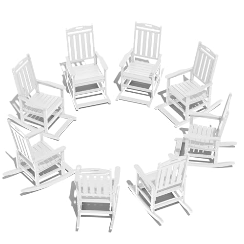 LOUNZY Outdoor Rocking Chair with Footboards Set of 8, HDPE Rocking Chair Patio Porch Rocker with 380lbs Support for Adult, White Set of 8 White