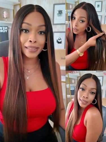Image of Sunber Ombre Chestnut Yaki Straight Human Hair Wigs with Drawstring 22inch