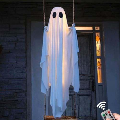 Halloween Decorations Outdoor New 5 FT Large Hanging Swinging Ghost Swinging Ghost Outdoor Decor with String Lights Spooky Cute Ghosts Decor for Front Porch Yard Tree