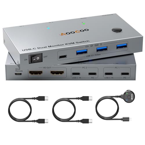 USB C KVM Switch 4K@60Hz, Dual Monitor Docking KVM Switch for 2 Laptops Sharing 2 Monitors and 4 USB3.0 Devices, with 100W PD,Wired Remote Control and USB C Cables