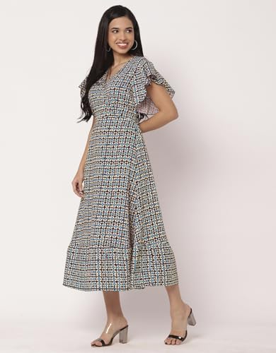 Image of Moomaya Women's Printed Dress, V-Neck, Short Sleeves, Ruffled Midi Summer Dress