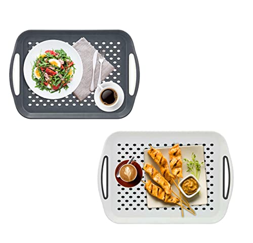 Decorative Concepts – Lot de 2 grands plateaux de service antidérapants – 40 x 29 cm – Plateau en plastique pour manger, plateau à thé, plateau à dîner (gris + blanc)