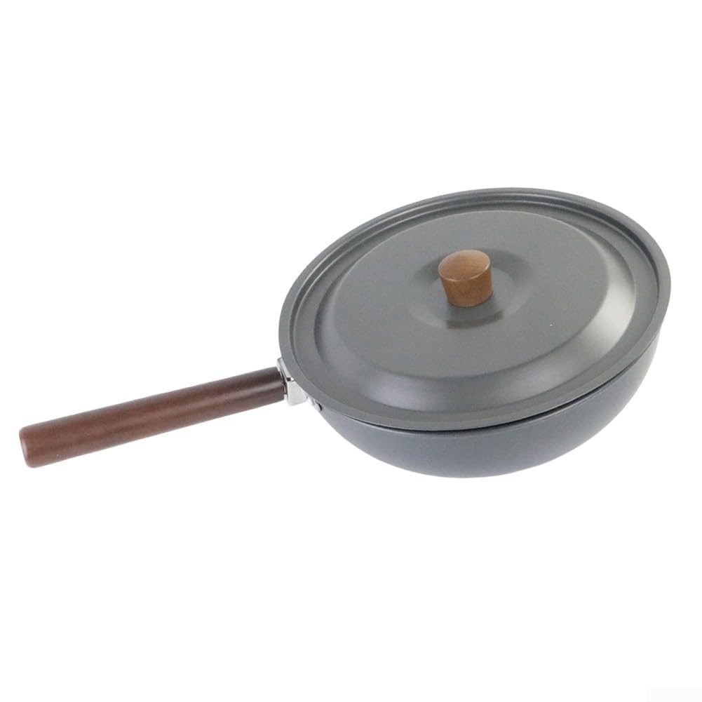 Aluminum Alloy Outdoor Wok Pan with Folding Beechwood Handle Compact Design for Camping Hiking Picnic and Backpacking Cooking