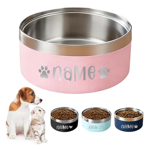 Personalized Dog Bowls with Name Custom Stainless Steel Dog Bowl for Dogs Cats Double Layer Heavy Duty Flip Proof Pet Food Water Bowls Engraved Non Slip Metal Dog Dish 25oz/53oz Pink