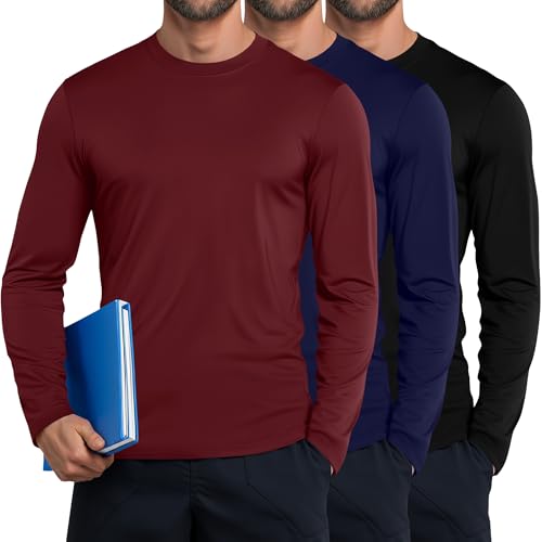 Neer 3 Pack Men's Long Sleeve Underscrub Tees Crew Neck Shirts Stretch Durable Undershirts Base Layers for Medical Uniforms(Wine Red, Navy Blue, Black,X-Large)