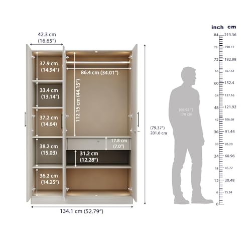 Image of Wakefit Wardrobe for Bedroom | 3 Yr Warranty | Cupboard for Bedroom, Almirah, Wooden Wardrobe, Multi-Shelves Storage with Drawer, Mirror & Hanger, Density:680-750 kg /m, Free Installation(Tyrian- LG)