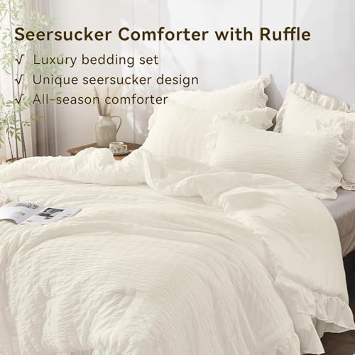 JOLLYVOGUE Ivory Queen Comforter Set, 3 Pieces Seersucker Comforters Queen Size, Lightweight & Fluffy Bedding Sets Queen for All Season with 1 Ruffle Comforter and 2 Ruffle Pillowshams