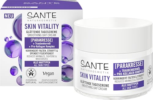 SANTE Naturkosmetik Face Skin Vitality Crema de día, hidratante revitalizante con paracro, aceite de semilla de uva y colágeno profesional, crema antiedad para todos los tipos de piel, 50 ml