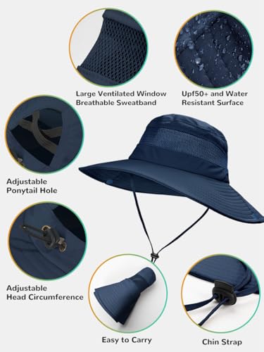 Image of EW East Water Sun Beach Hat for Women, UPF50+ Waterproof with Ponytail Hole | Large Breathable Mesh,3.5 inch Wide Brim, Adjustable Windproof Chin Strap,Quick-Dry, for Hiking Fishing Outdoor Safari
