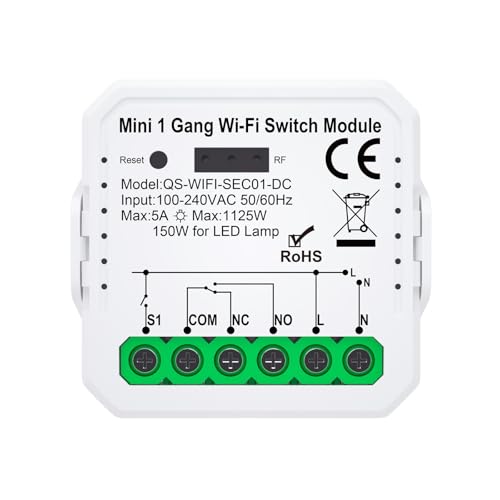 Mini Modulo relè Interruttore Wi-Fi Tuya Smart Life app per Caldaia a contatto secco, 1 canale con contatti Liberi NC-NO-COM DC 12/24V AC 100-240V, funziona con Alexa Google Home App per iOS e Android